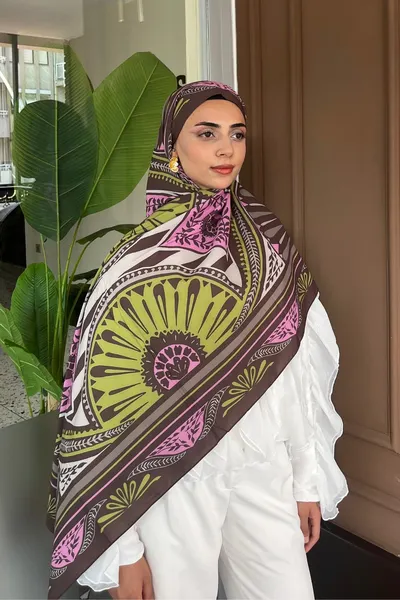 Acı Kahve & Pembe Zümra Desen Pamuk Vual Şal · Acı Kahve