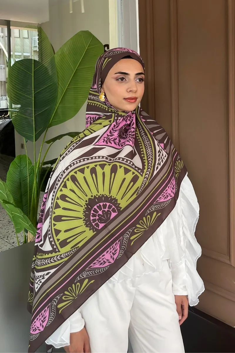 Acı Kahve & Pembe Zümra Desen Pamuk Vual Şal