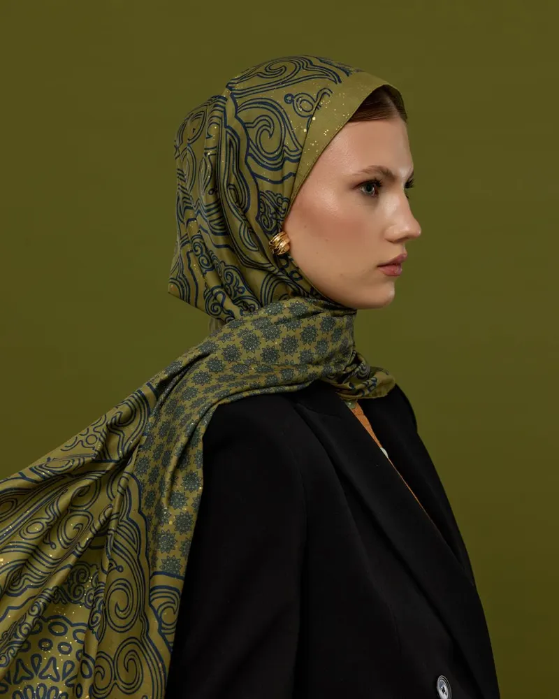 Altın & Lacivert Bala Hatun Desen Şal - 72