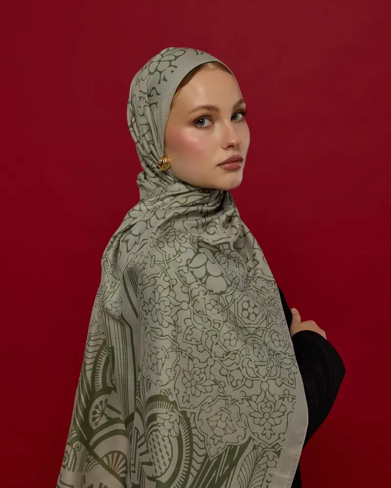 Badem Kremi & Zeytin Yeşili Harem Rüyası Desen Şal - 38