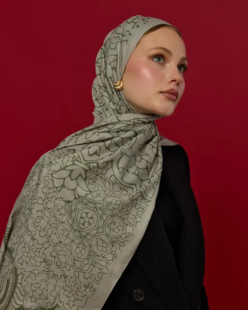 Badem Kremi & Zeytin Yeşili Harem Rüyası Desen Şal - 38