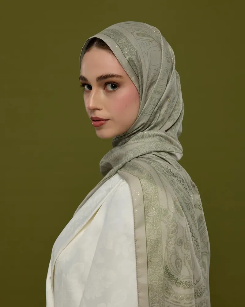 Badem Kremi & Zeytin Yeşili Hürrem Desen Şal - 38