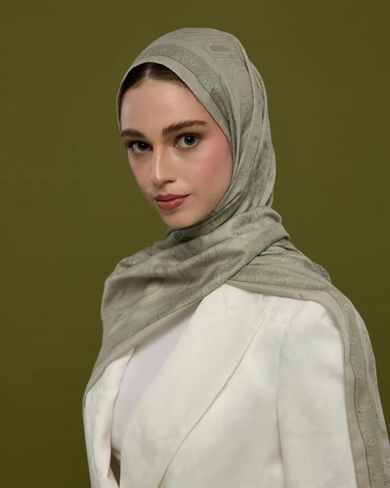 Badem Kremi & Zeytin Yeşili Hürrem Desen Şal - 38