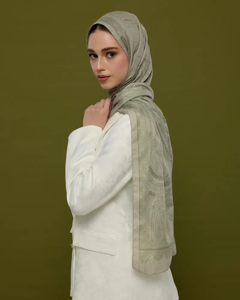 Badem Kremi & Zeytin Yeşili Hürrem Desen Şal - 38