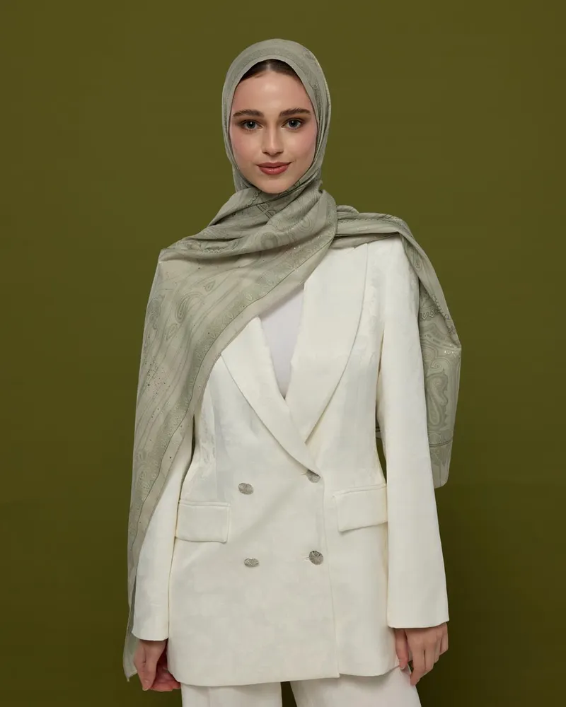 Badem Kremi & Zeytin Yeşili Hürrem Desen Şal - 38