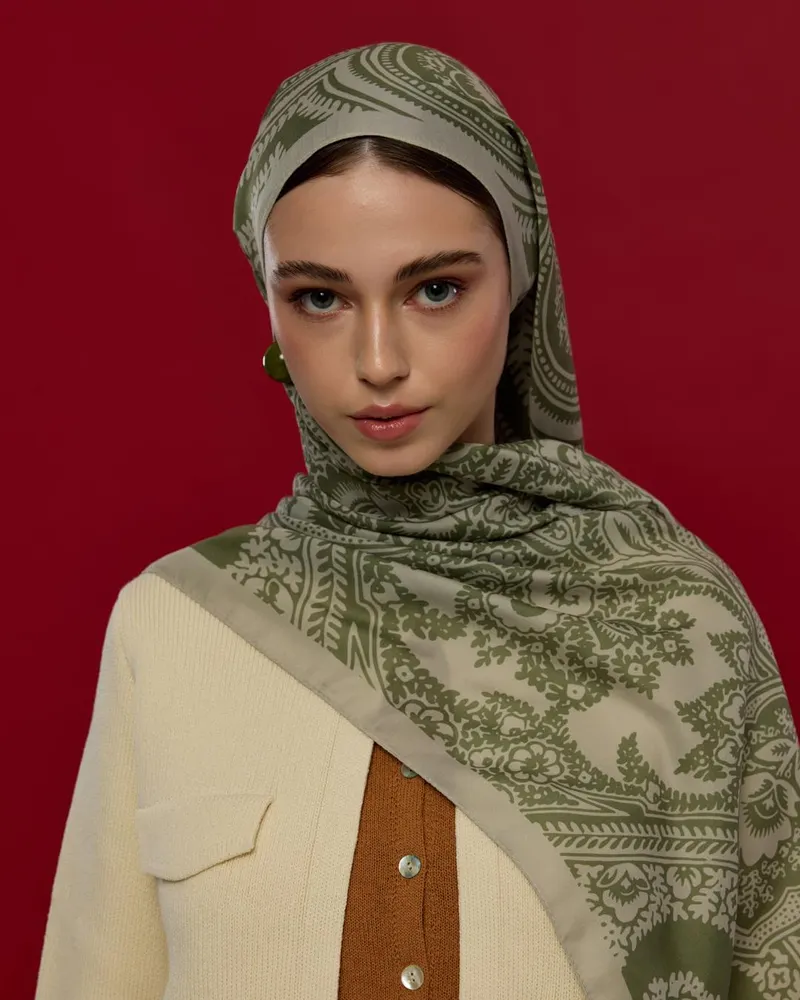 Badem Kremi & Zeytin Yeşili Sultani Desen Şal - 38