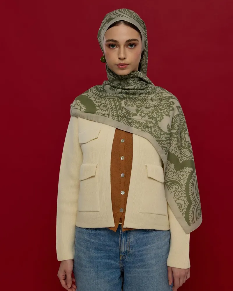 Badem Kremi & Zeytin Yeşili Sultani Desen Şal - 38