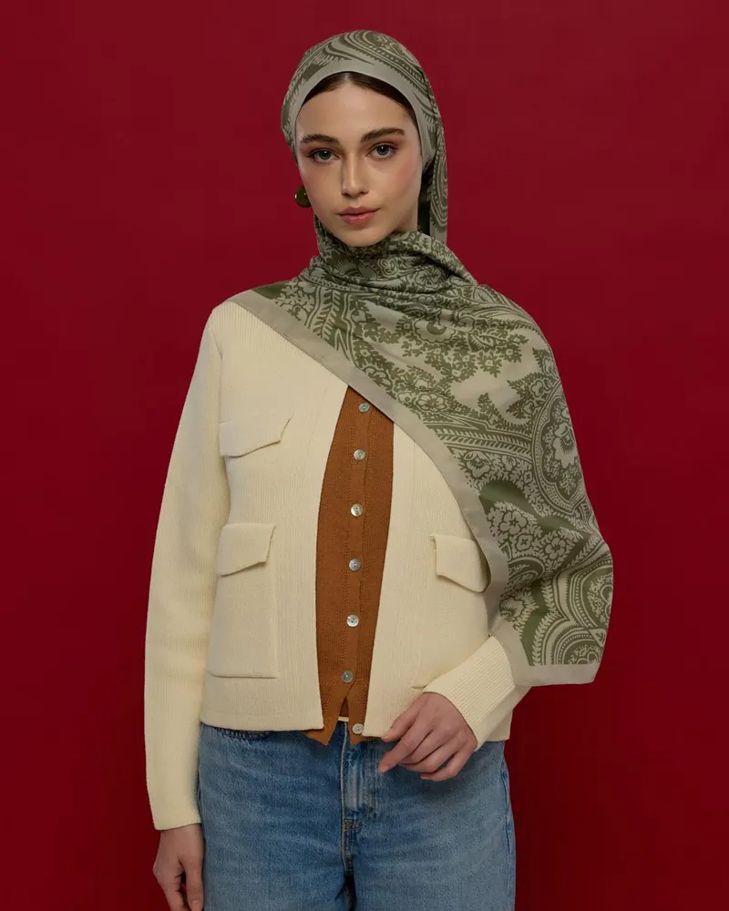 Badem Kremi & Zeytin Yeşili Sultani Desen Şal - 38