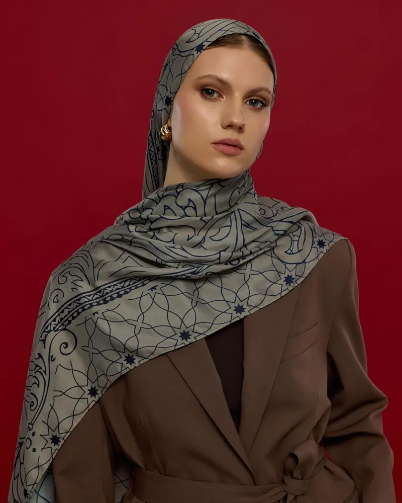 Bej & Lacivert Efsunlu Desen Şal - 60