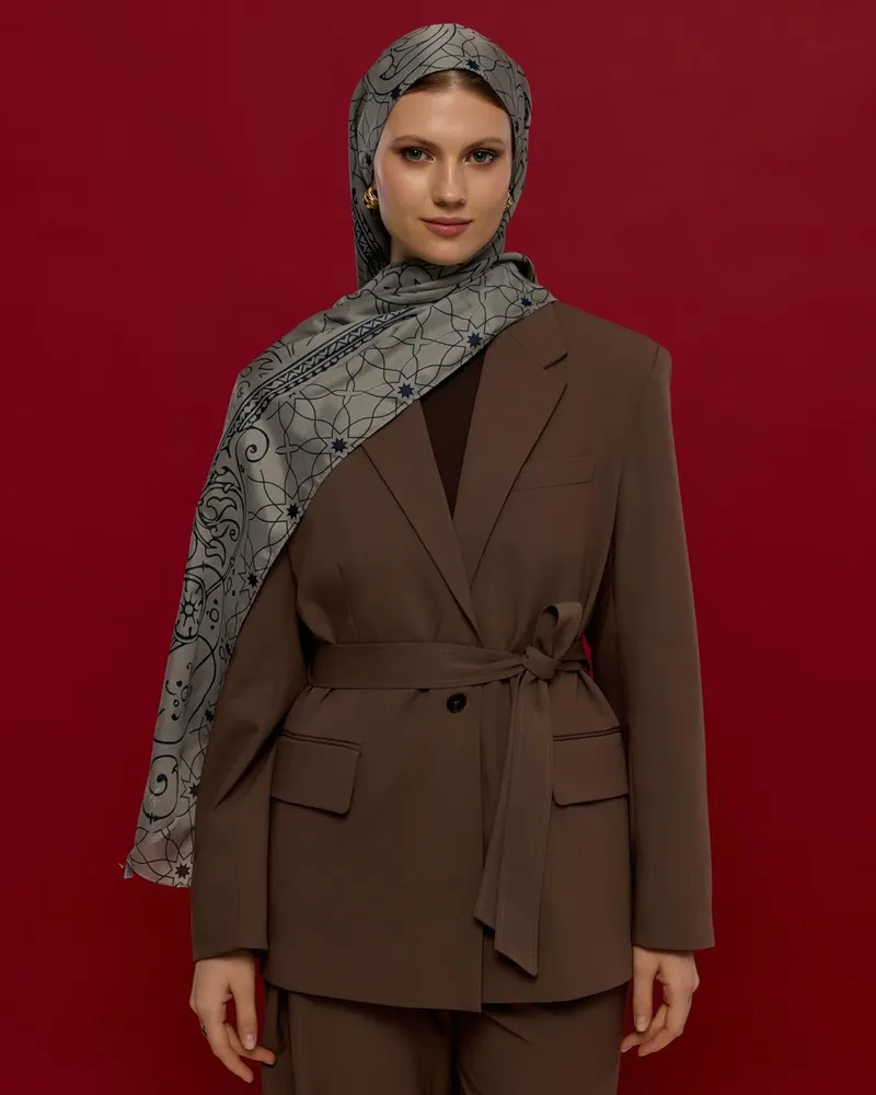 Bej & Lacivert Efsunlu Desen Şal - 60