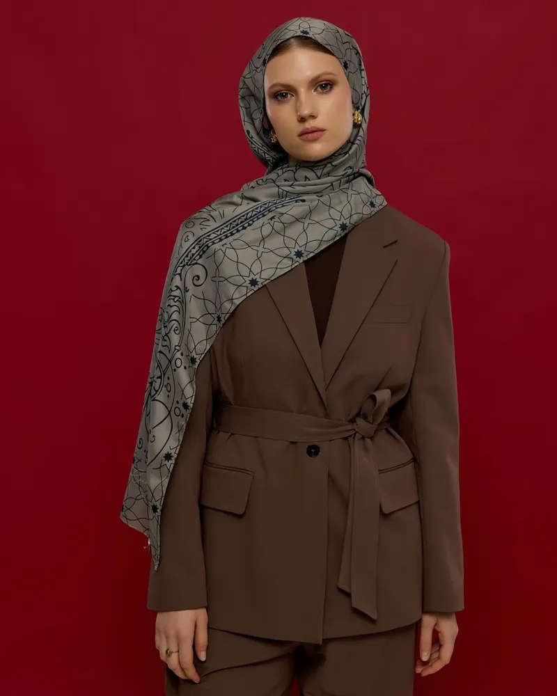 Bej & Lacivert Efsunlu Desen Şal - 60