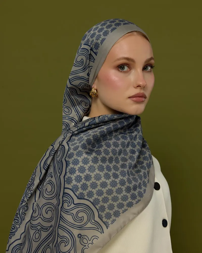 Bej & Lacivert Bala Hatun Desen Şal - 60