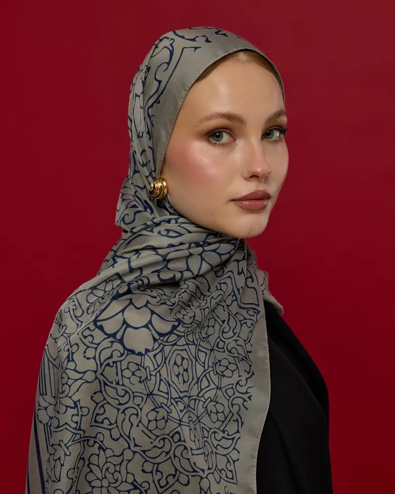 Bej & Lacivert Harem Rüyası Desen Şal - 60