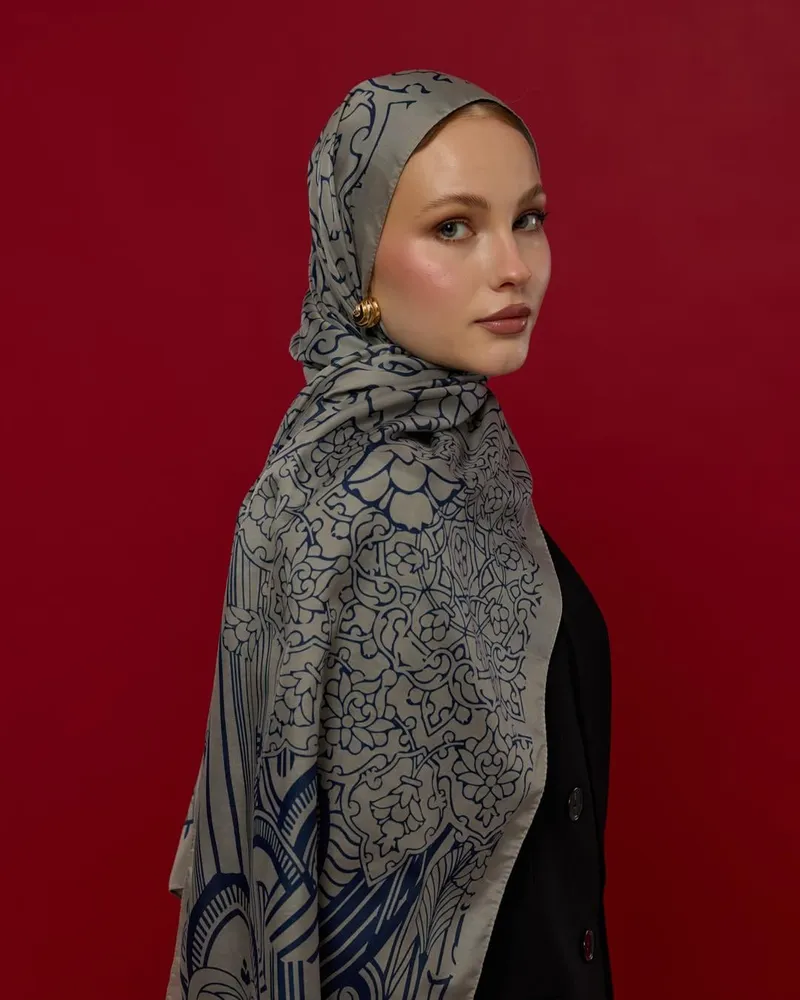 Bej & Lacivert Harem Rüyası Desen Şal - 60