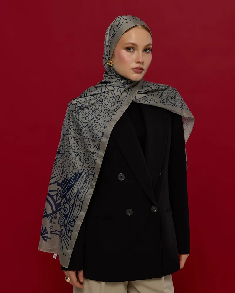 Bej & Lacivert Harem Rüyası Desen Şal - 60
