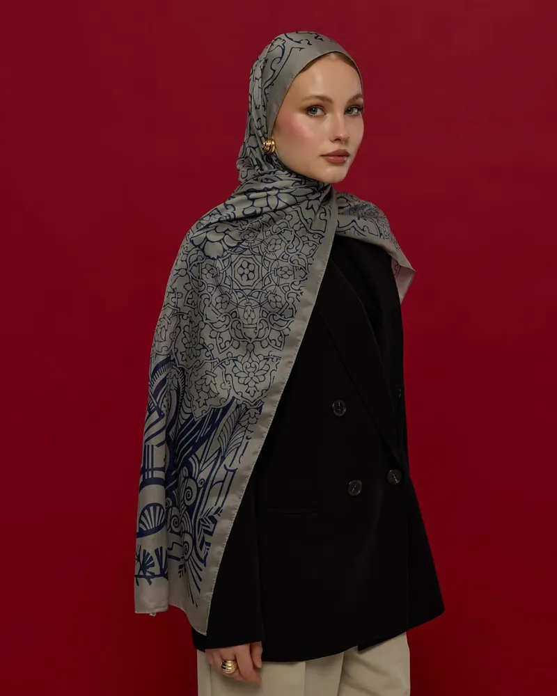 Bej & Lacivert Harem Rüyası Desen Şal - 60