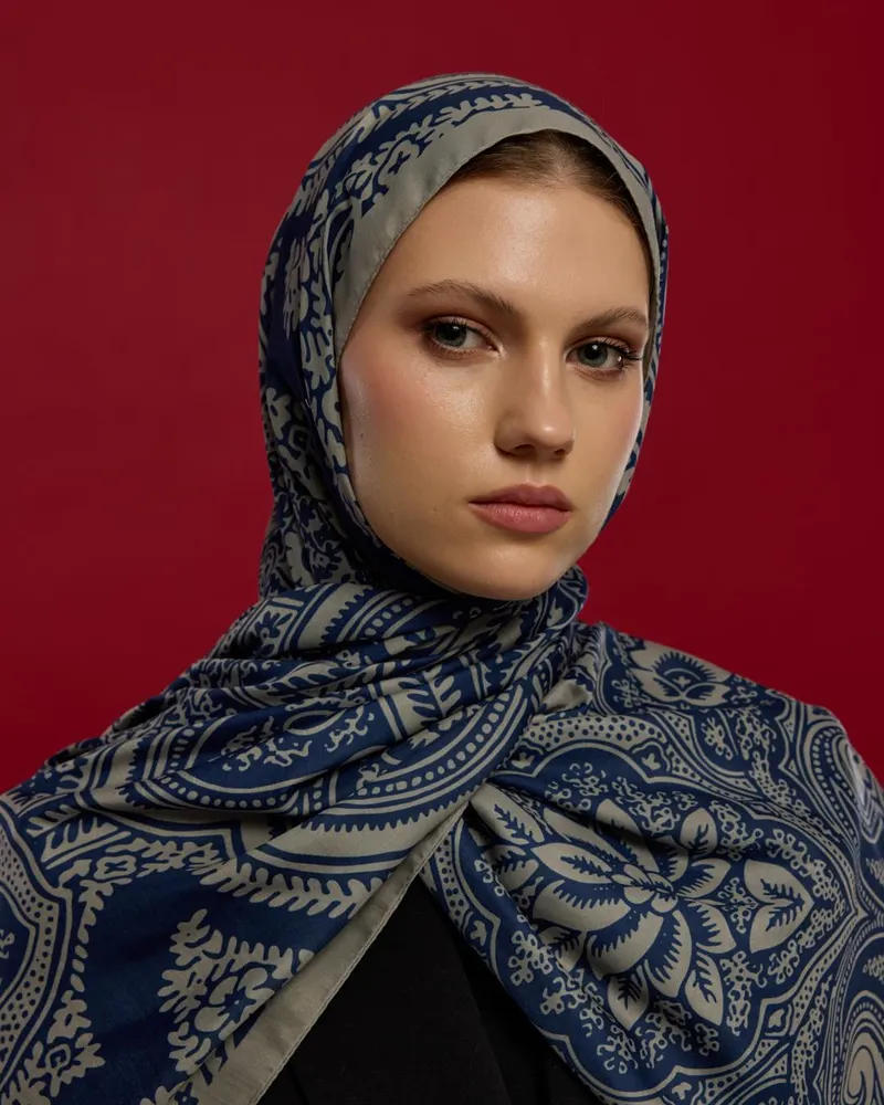 Bej & Lacivert Sultani Desen Şal - 60