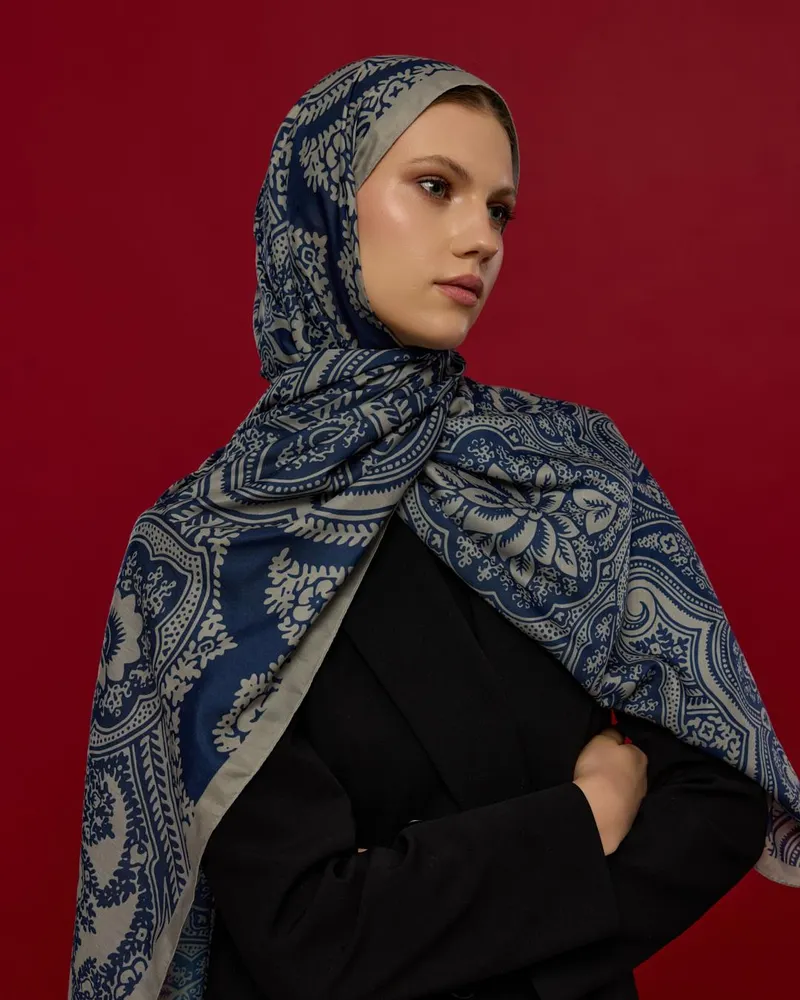 Bej & Lacivert Sultani Desen Şal - 60