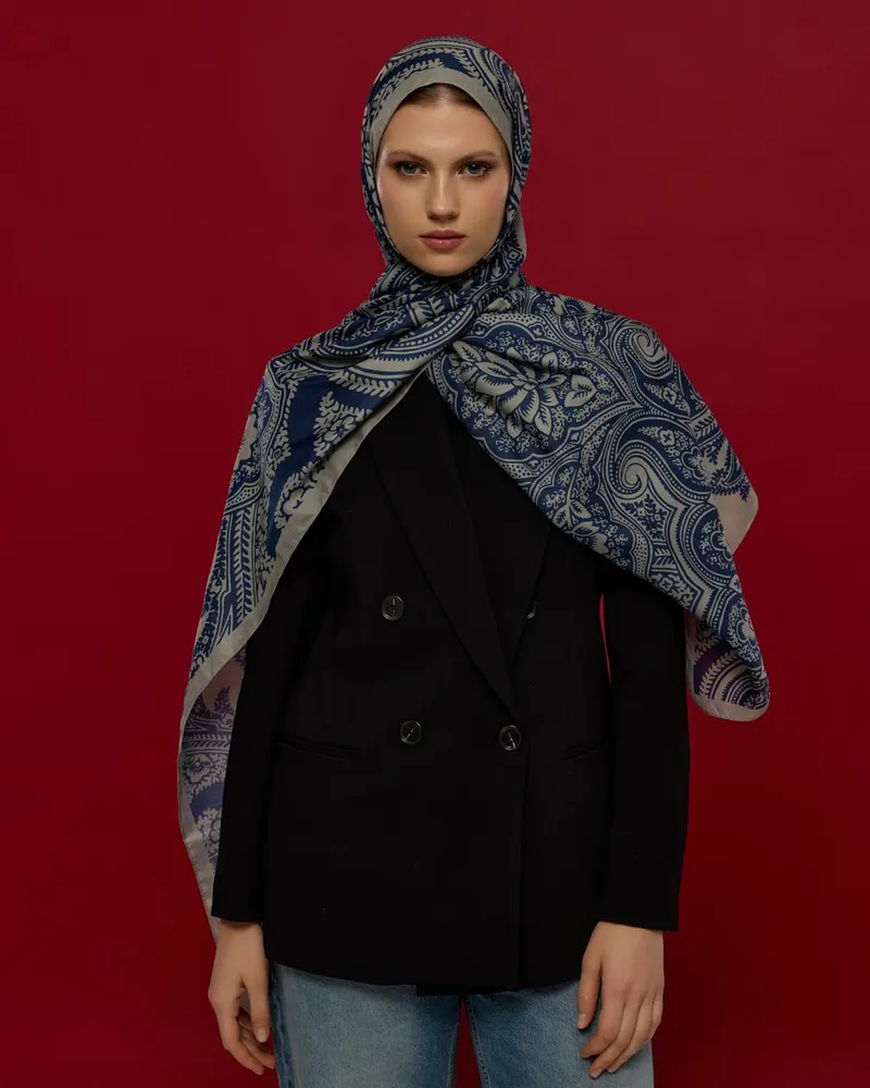 Bej & Lacivert Sultani Desen Şal - 60