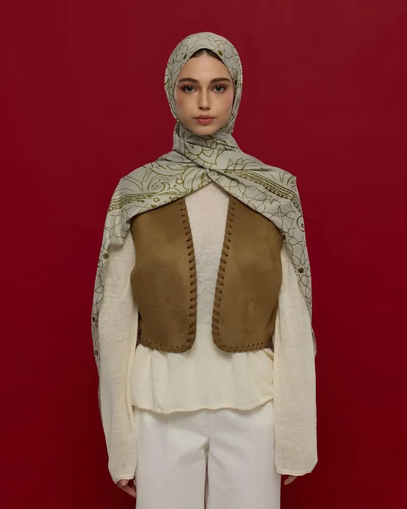 Beyaz Işık & Altın Zeytin Efsunlu Desen Şal - 40