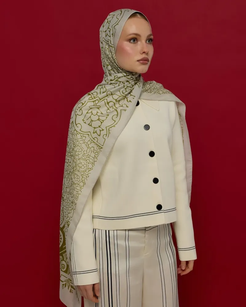 Beyaz Işık & Altın Zeytin Harem Rüyası Desen Şal - 40