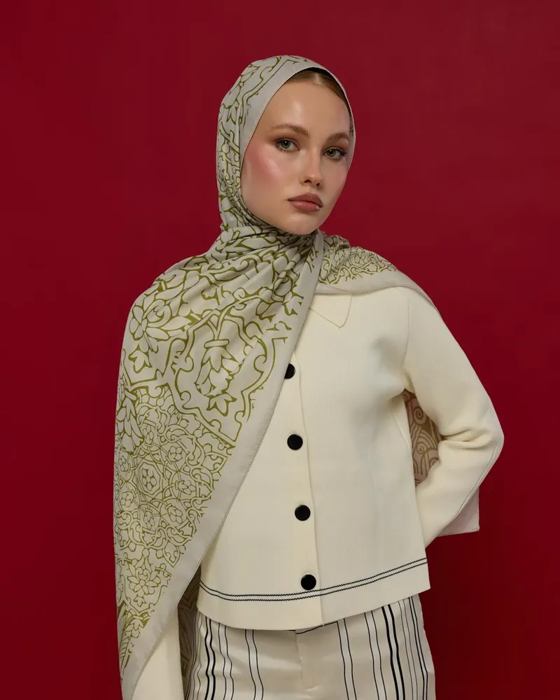 Beyaz Işık & Altın Zeytin Harem Rüyası Desen Şal - 40