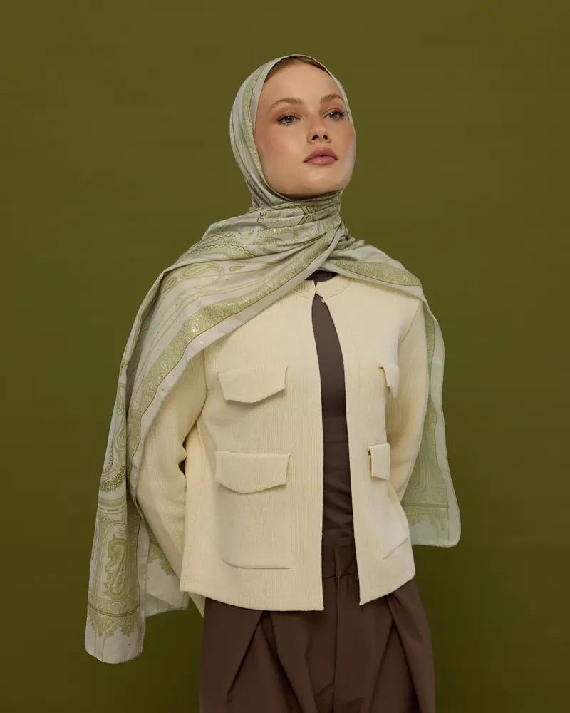 Beyaz Işık & Altın Zeytin Hürrem Desen Şal - 40