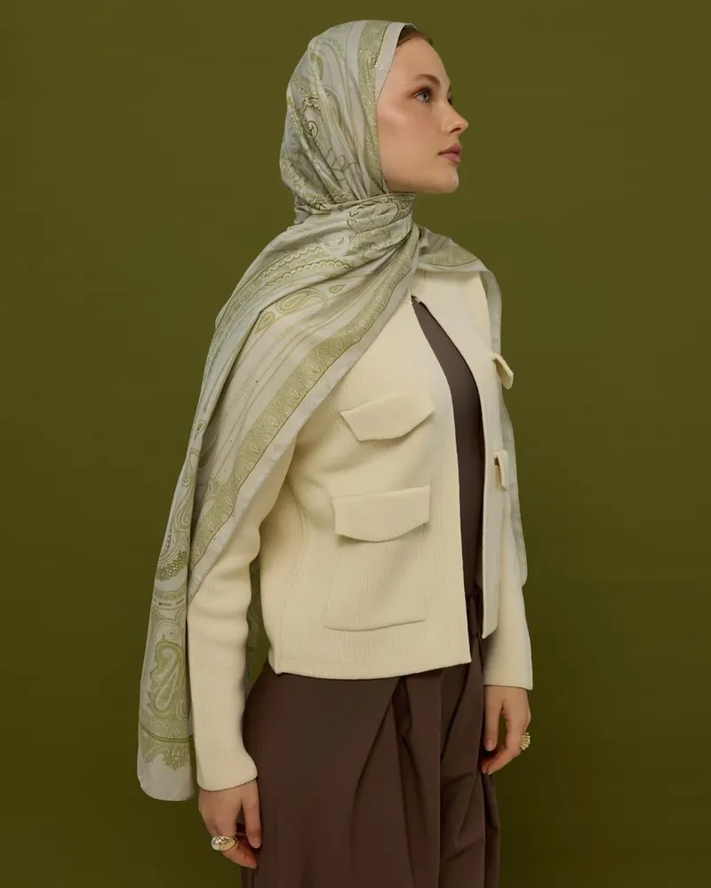 Beyaz Işık & Altın Zeytin Hürrem Desen Şal - 40