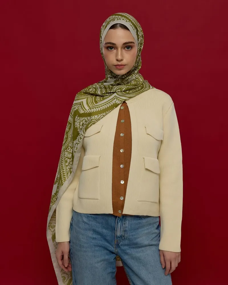 Beyaz Işık & Altın Zeytin Sultani Desen Şal - 40