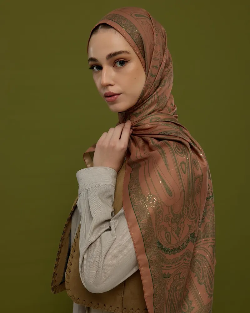 Bronz Şafak & Orman Yeşili Hürrem Desen Şal - 20 · görsel 2