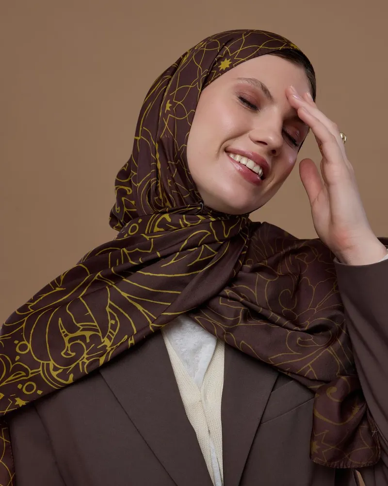 Buhur Kahvesi & Saf Sarı Efsunlu Desen Şal - 43