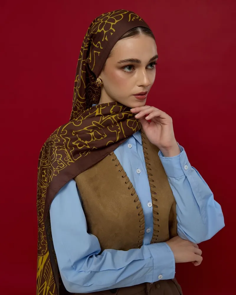 Buhur Kahvesi & Saf Sarı Harem Rüyası Desen Şal - 43
