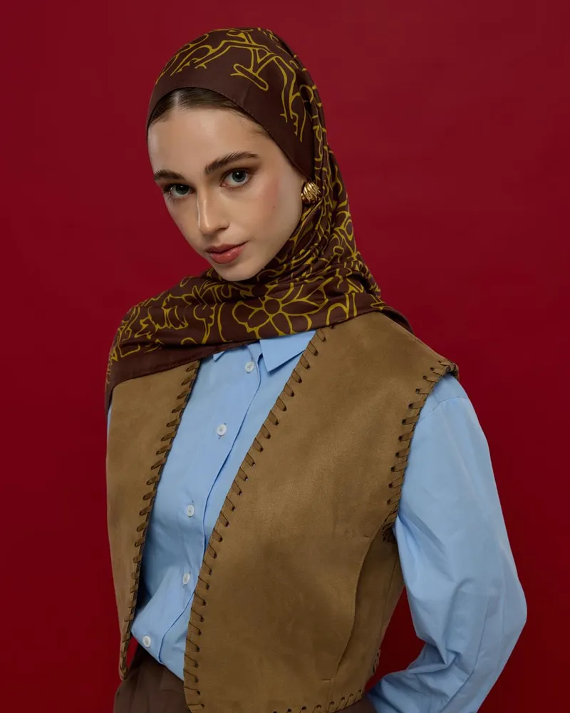 Buhur Kahvesi & Saf Sarı Harem Rüyası Desen Şal - 43