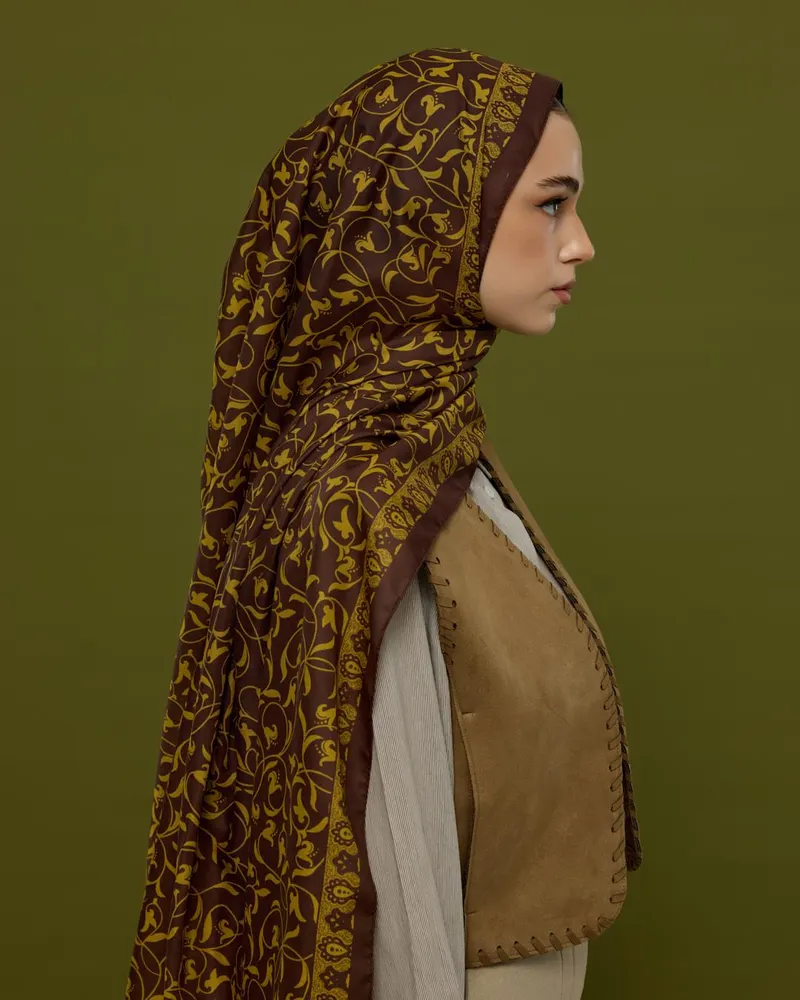 Buhur Kahvesi & Saf Sarı Lale Bahçesi Desen Şal - 43
