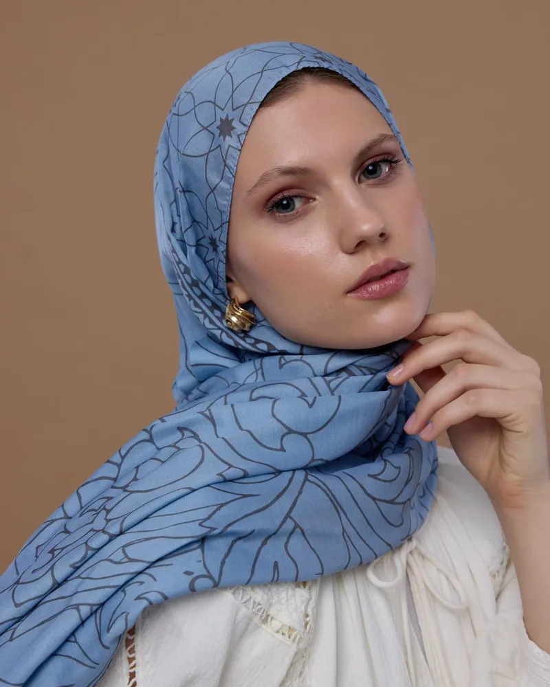 Buz Mavisi & Füme Kahve Efsunlu Desen Şal - 49