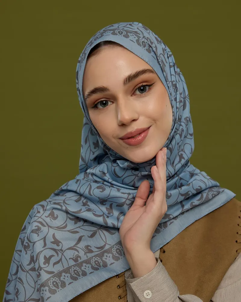 Buz Mavisi & Füme Kahve Lale Bahçesi Desen Şal - 49