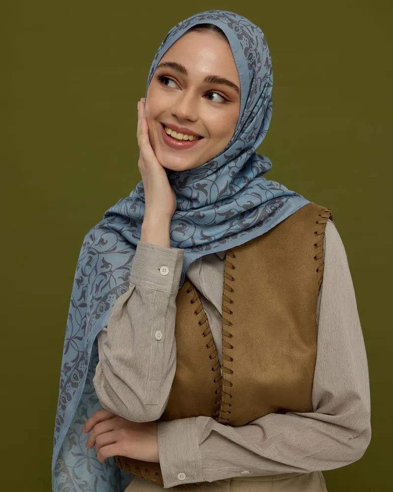 Buz Mavisi & Füme Kahve Lale Bahçesi Desen Şal - 49