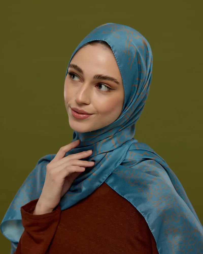 Çakıl Mavisi & Tarçın Dumanı Harem Rüyası Desen Şal - 51