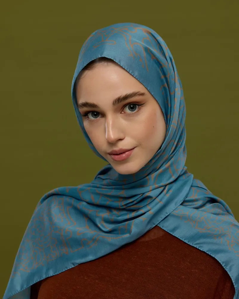 Çakıl Mavisi & Tarçın Dumanı Harem Rüyası Desen Şal - 51