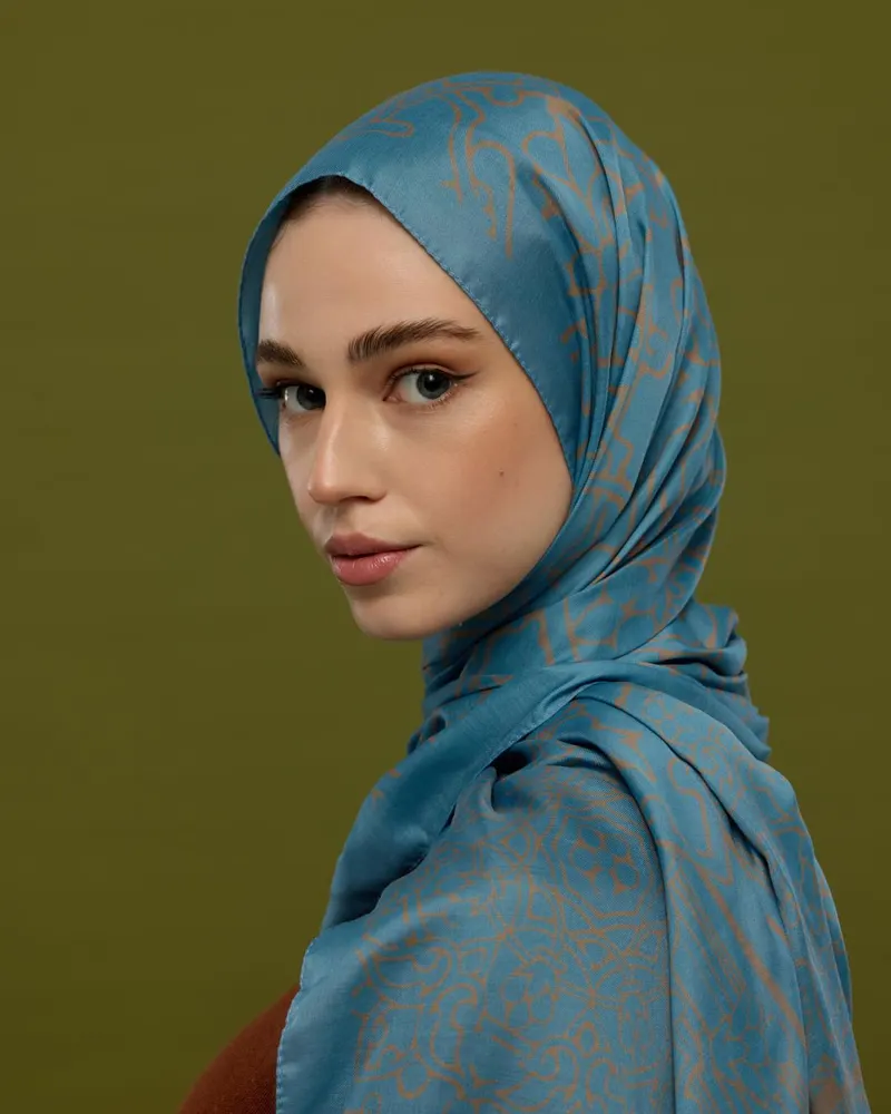 Çakıl Mavisi & Tarçın Dumanı Harem Rüyası Desen Şal - 51