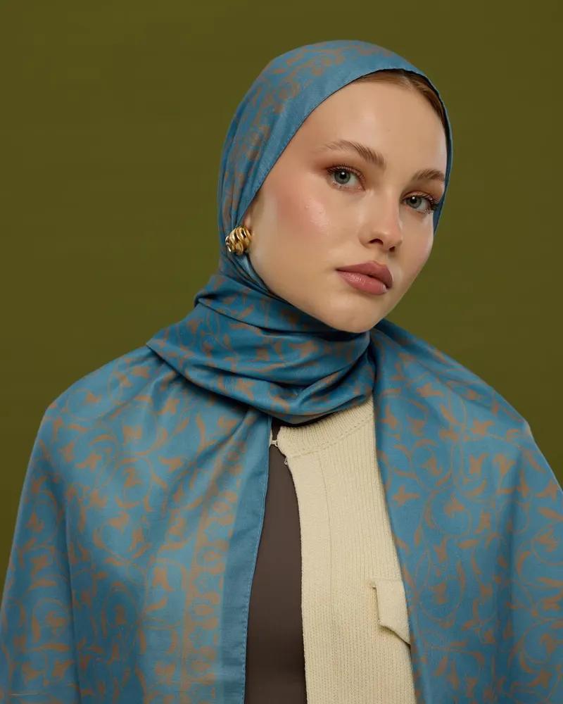 Çakıl Mavisi & Tarçın Dumanı Lale Bahçesi Desen Şal - 51