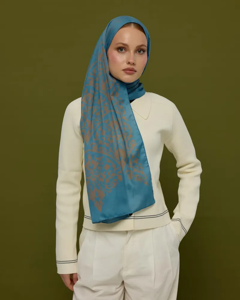Çakıl Mavisi & Tarçın Dumanı Saraylı Desen Şal - 51