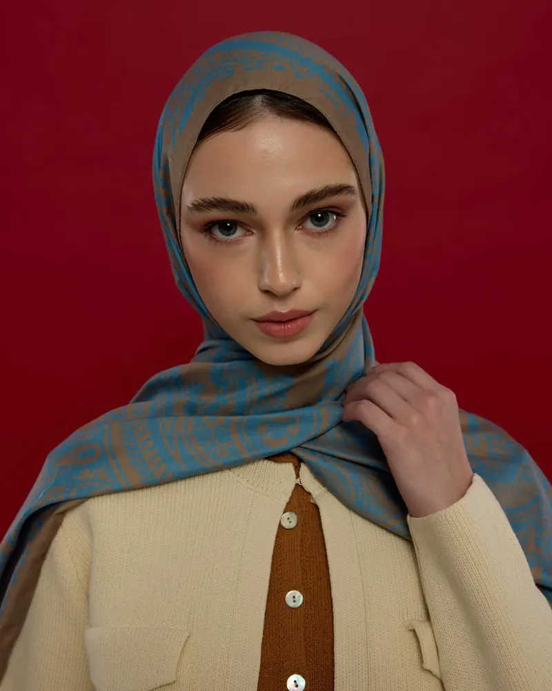 Çakıl Mavisi & Tarçın Dumanı Sultani Desen Şal - 51