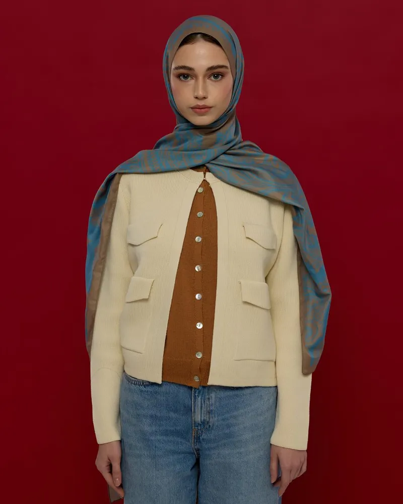 Çakıl Mavisi & Tarçın Dumanı Sultani Desen Şal - 51