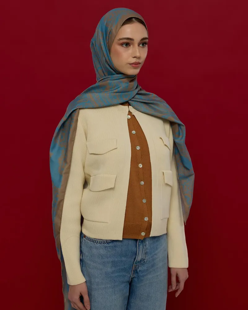 Çakıl Mavisi & Tarçın Dumanı Sultani Desen Şal - 51