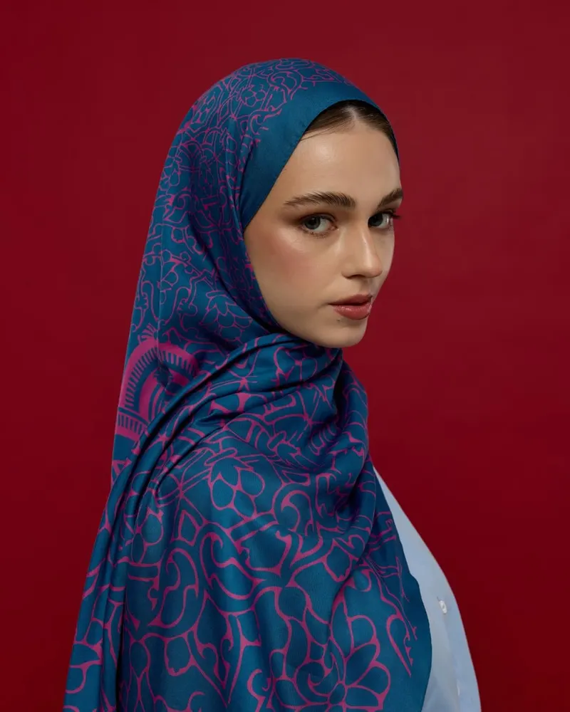 Çini Mavisi & Şakayık Pembesi Harem Rüyası Desen Şal - 05