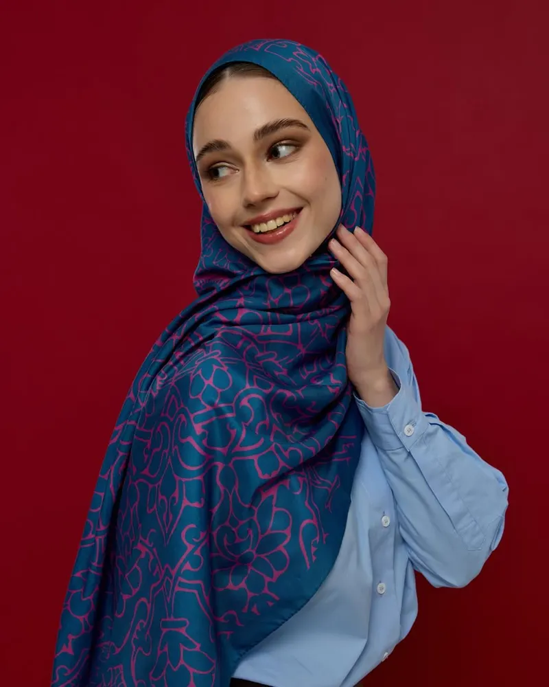 Çini Mavisi & Şakayık Pembesi Harem Rüyası Desen Şal - 05