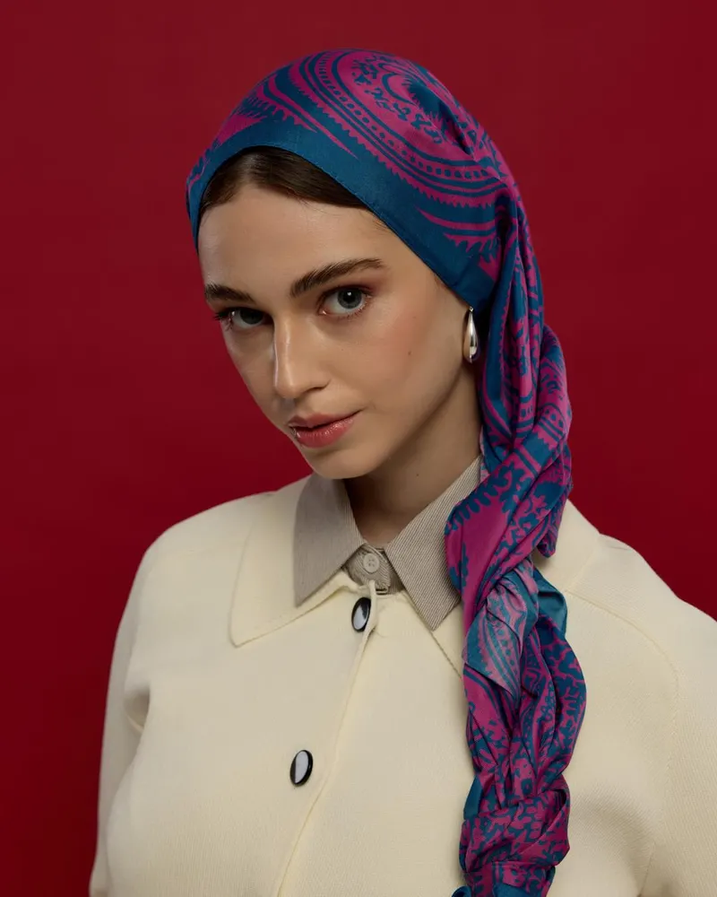 Çini Mavisi & Şakayık Pembesi Sultani Desen Şal - 05