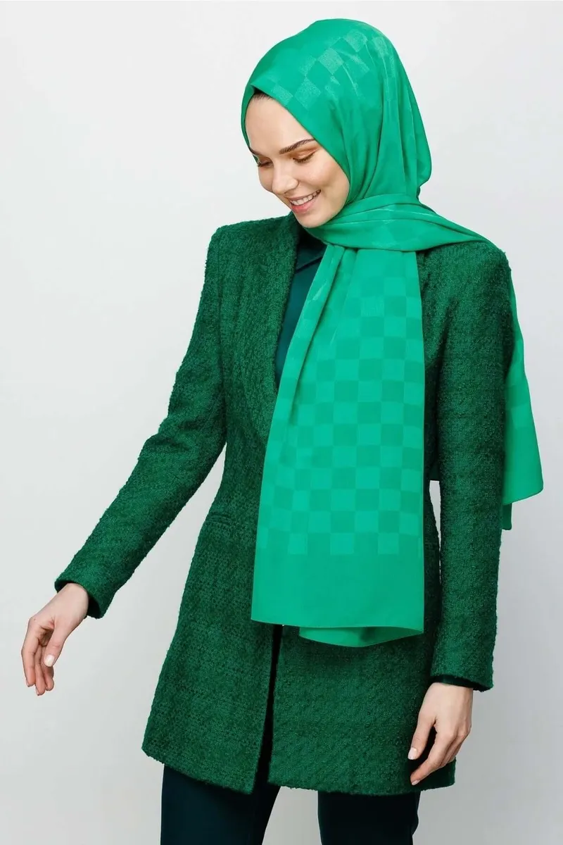 Benetton Yeşili Dama Desen İpeksi Jakar Şal