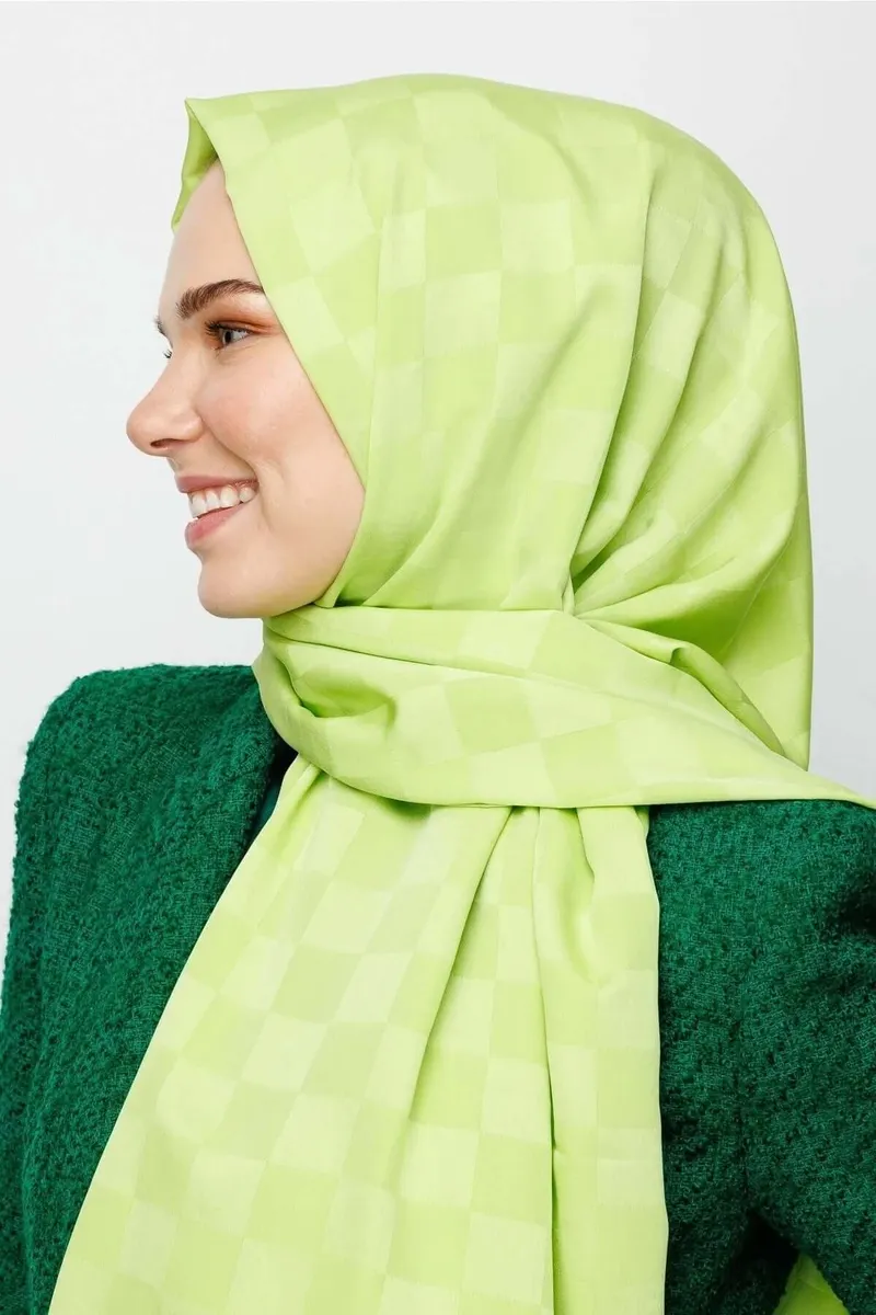 Fıstık Yeşili Dama Desen İpeksi Jakar Şal